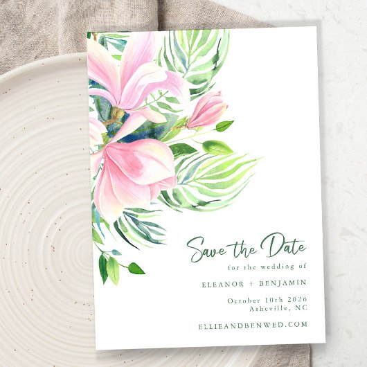 Save The Date Fleurs de magnolia aquarelle chic en rose 