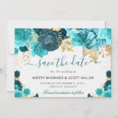 Save The Date Fleurs de mariage à l'aquarelle sarcelle et or (Devant)