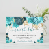 Save The Date Fleurs de mariage à l'aquarelle sarcelle et or (Debout devant)