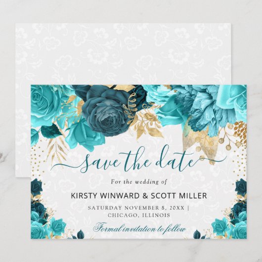 Save The Date Fleurs de mariage à l'aquarelle sarcelle et or (Devant / Derrière)