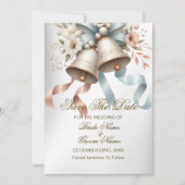 Save The Date Fleurs de mariage cloches rubans bleu rose (Devant)