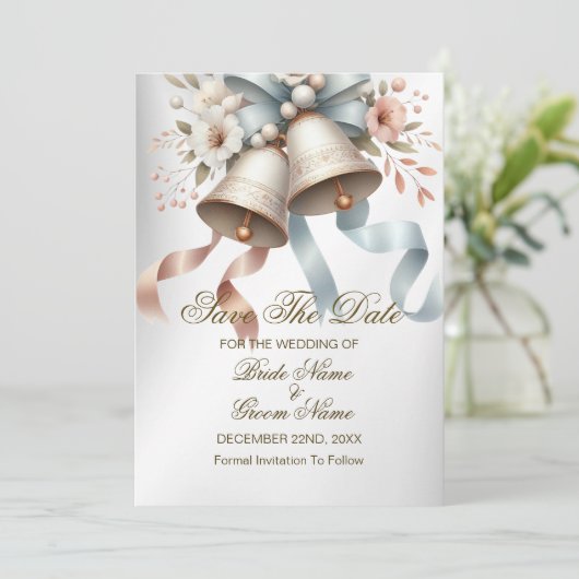 Save The Date Fleurs de mariage cloches rubans bleu rose (Debout devant)