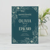 Save The Date Fleurs de mariage élégant cadre doré (Debout devant)