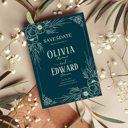 Save The Date Fleurs de mariage élégant cadre doré