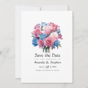 Save The Date Fleurs de mariage florales rose et bleu