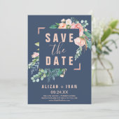 Save The Date Fleurs de pivoines romantiques | Bleu Enregistrer  (Debout devant)