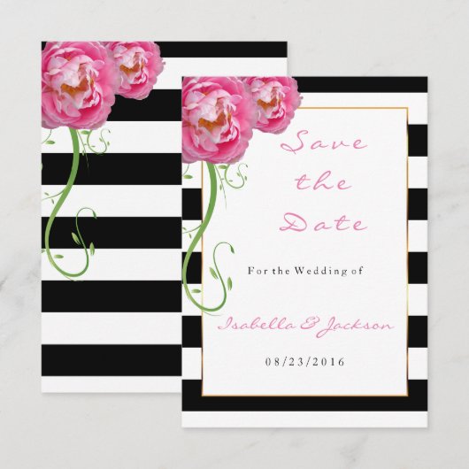 Save The Date Fleurs de pivoines sur bandes noires et blanches (Devant / Derrière)