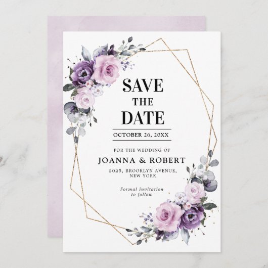 Save The Date Fleurs de Poussiéreux Violet Géométrique Mariage S (Devant / Derrière)