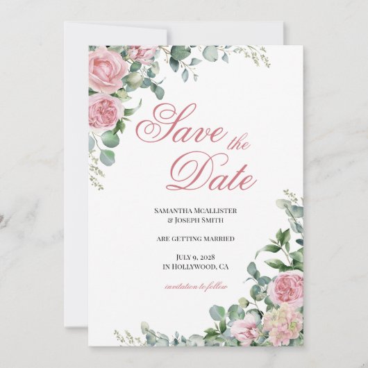Save The Date Fleurs de roses roses à l'aquarelle (Devant)