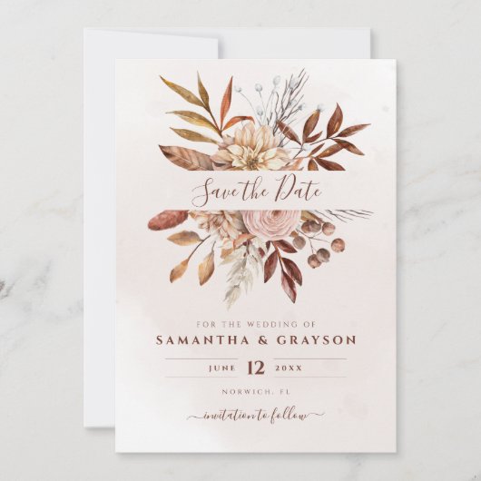 Save The Date Fleurs de rouille en terre cuite Foliage d'automne (Devant)