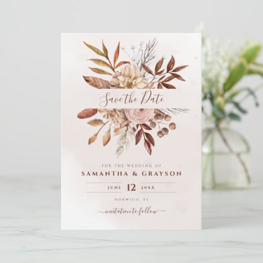 Save The Date Fleurs de rouille en terre cuite Foliage d'automne (Debout devant)