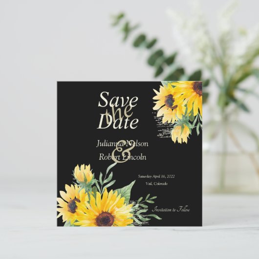 Save The Date Fleurs de soleil aquarelle sur mariage noir (Debout devant)