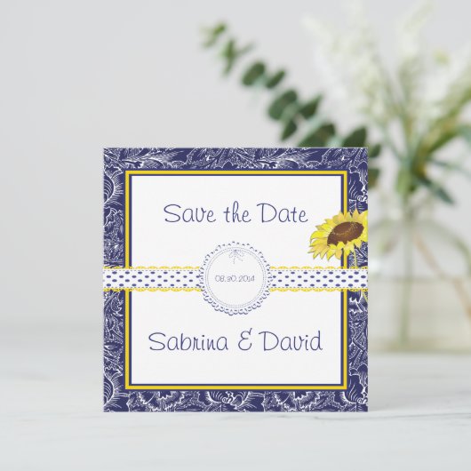Save The Date Fleurs de soleil bleues et jaunes royales Enregist (Debout devant)