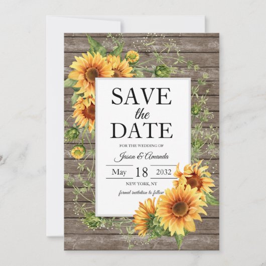 Save The Date Fleurs de soleil Bois rustique Mariage personnalis (Devant)