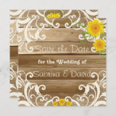 Save The Date Fleurs de soleil en bois de grange et dentelle Vin (Devant / Derrière)