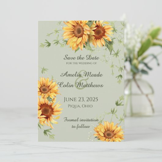 Save The Date Fleurs de soleil et vignes d'aquarelle sur Sage Gr (Debout devant)