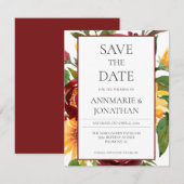 Save The Date Fleurs de soleil jaunes florales de Bourgogne rust (Devant / Derrière)