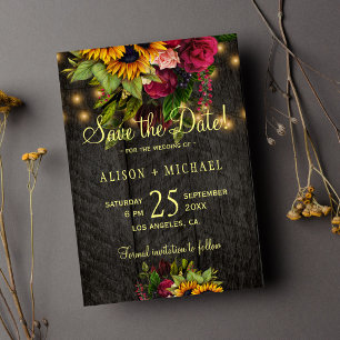 Save The Date Fleurs de soleil rustiques et mariage de bois rose