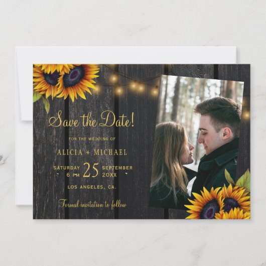Save The Date Fleurs de soleil rustiques lumières mariage photo  (Devant)