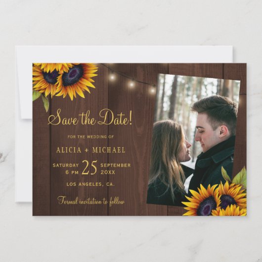 Save The Date Fleurs de soleil rustiques lumières mariage photo  (Devant)