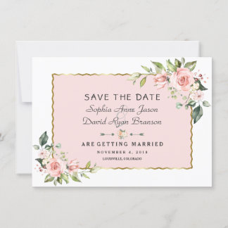 Save The Date Fleurs de teint rose délicat Cadre doré Mariage
