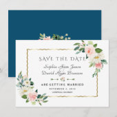 Save The Date Fleurs de teinte rose cadre doré mariage bleu mari (Devant / Derrière)