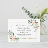 Save The Date Fleurs de teinte rose cadre doré mariage bleu mari (Debout devant)