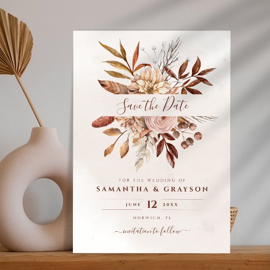 Save The Date Fleurs de terre cuite Boho rust automne feuillage