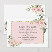 Save The Date Fleurs délicates rose blush Cadre doré Mariage (Devant / Derrière)