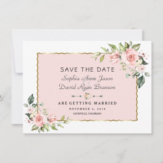 Save The Date Fleurs délicates rose blush Cadre doré Mariage (Devant)