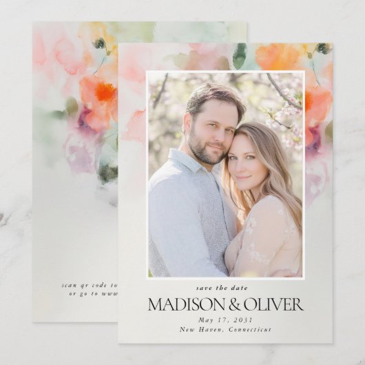 Save The Date Fleurs d'été romantiques Code QR Photo Mariage (Devant / Derrière)