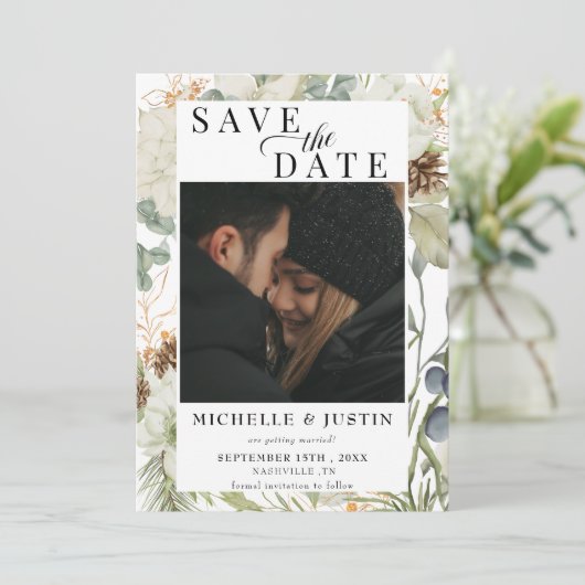 Save The Date Fleurs d'hiver | Mariage photo rustique (Debout devant)