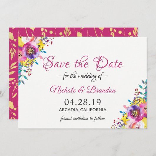 Save The Date Fleurs D'Or Fuchsia Lumineuses Ressort Enregistrer (Devant / Derrière)