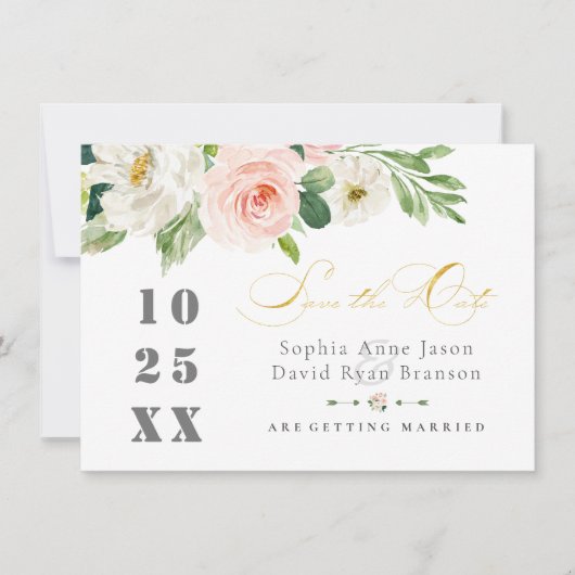 Save The Date Fleurs Élégantes de Mariage Rose Pâle et Or (Devant)