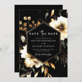 Save The Date Fleurs élégantes Mariage or et noir (Devant / Derrière)