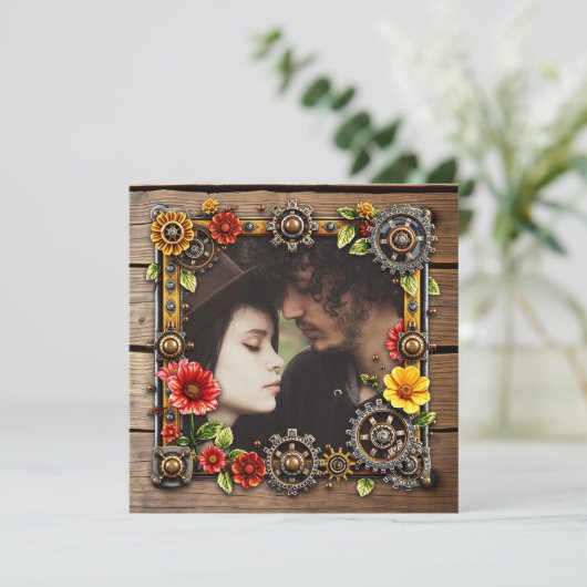 Save The Date Fleurs en métal rouge Steampunk Mariage personnali (Debout devant)