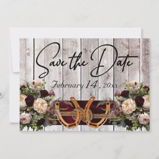 Save The Date Fleurs et fer à cheval, Mariage de ruban Bourgogne (Devant)