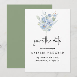 Save The Date fleurs et feuilles aquarelles bleu poussiéreux rus