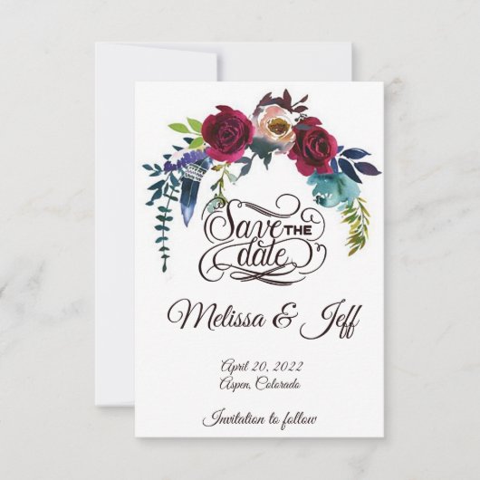 Save The Date Fleurs et plume boho pour annoncer la date (Devant)
