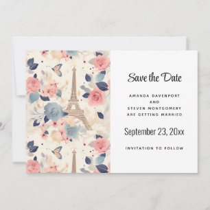 Save The Date Fleurs et Tour Eiffel Paris Motif Mariage