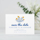 Save The Date Fleurs folk Scandi en Mariage bleu et jaune (Debout devant)