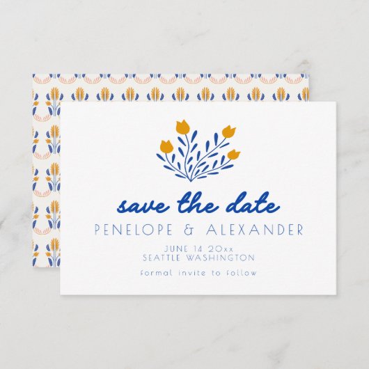 Save The Date Fleurs folk Scandi en Mariage bleu et jaune (Devant / Derrière)