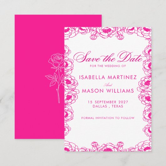 Save The Date Fleurs fuchsia électriques classiques pour sauver (Devant / Derrière)