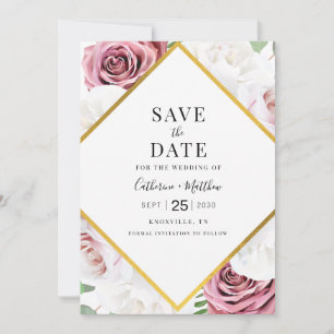 Save The Date Fleurs Géométriques Modernes Rose Pâle Typographie