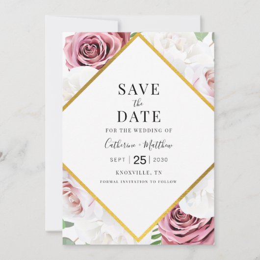 Save The Date Fleurs Géométriques Modernes Rose Pâle Typographie (Devant)