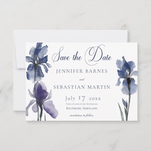Save The Date Fleurs Iris Bleues Mariage moderne (Devant)
