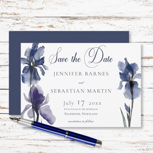 Save The Date Fleurs Iris Bleues Mariage moderne