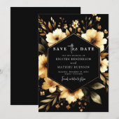Save The Date Fleurs Mariage élégant or et noir (Devant / Derrière)