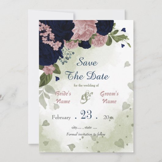 Save The Date fleurs marines et roses vert feuille botanique (Devant)