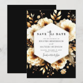Save The Date Fleurs modernes Mariage or et noir (Devant / Derrière)
